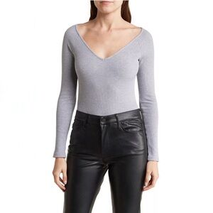 L’AGENCE Winona Wide V-Neck Bodysuit in Heather Gray Ribbed Size Small